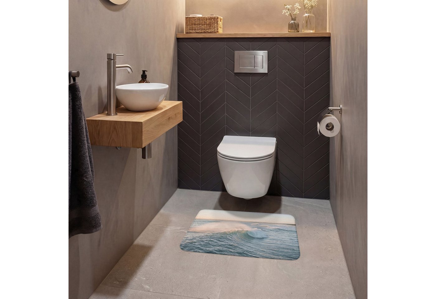 OnlyWow WC-Vorleger Welle - Meer - Wasser, Höhe 10 mm, Polyester, Rechteckig, WC Teppich, Toilettenvorleger, Toilettenteppich, Badematte 60x40 cm Bild 2