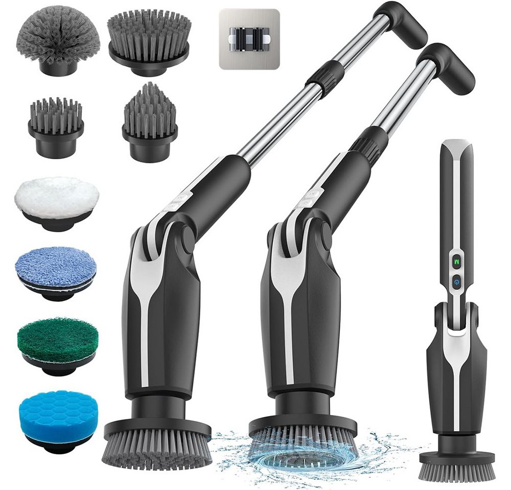 TUWENA Akku-Oberflächenbürste Elektrische Reinigungsbürste, Neues Spin Scrubber mit 8 Bürstenköpfen, Verstellbarem Griff & 2 Rotationsgeschwindigkeiten für Bad/Küche/Auto Bild 3