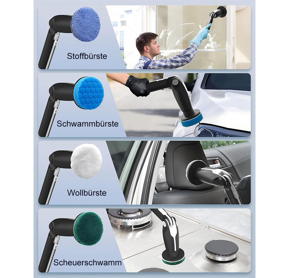TUWENA Akku-Oberflächenbürste Elektrische Reinigungsbürste, Neues Spin Scrubber mit 8 Bürstenköpfen, Verstellbarem Griff & 2 Rotationsgeschwindigkeiten für Bad/Küche/Auto Bild 4