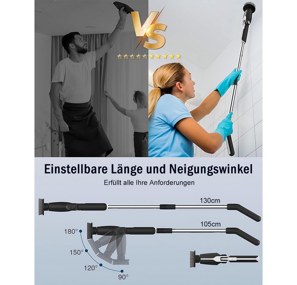 TUWENA Akku-Oberflächenbürste Elektrische Reinigungsbürste, Neues Spin Scrubber mit 8 Bürstenköpfen, Verstellbarem Griff & 2 Rotationsgeschwindigkeiten für Bad/Küche/Auto Bild 5
