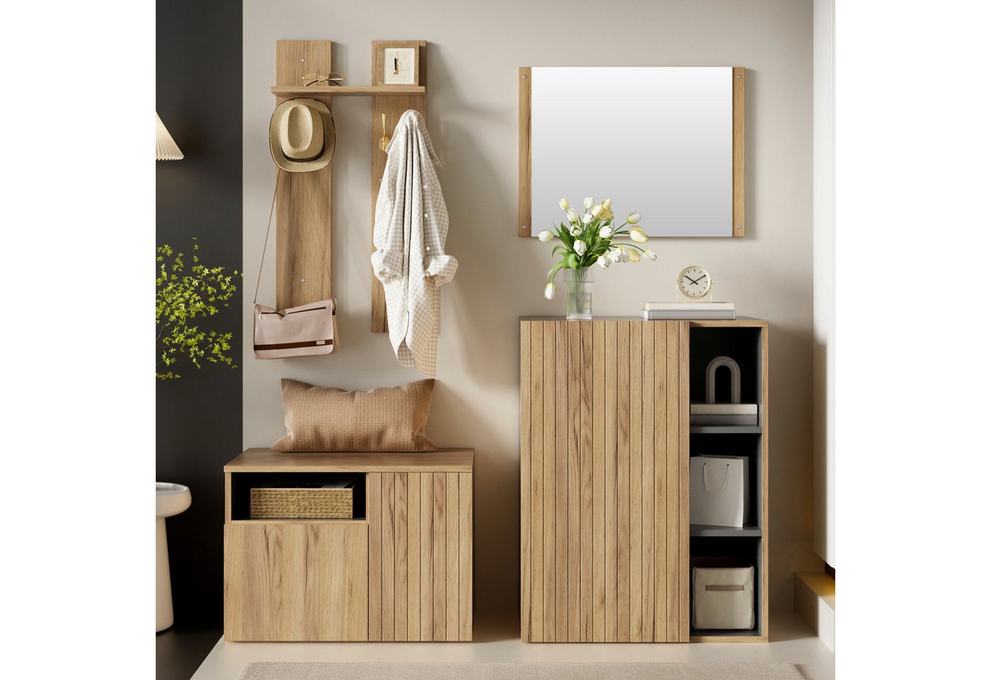 i@home Garderobenschrank 4-in-1 Garderoben-Set mit Spiegel, Schuhschrank, Haken und Schuhbank (4-St) Flurmöbel-Set für Diele & Eingangsbereich Holzoptik, 120x35x123 cm