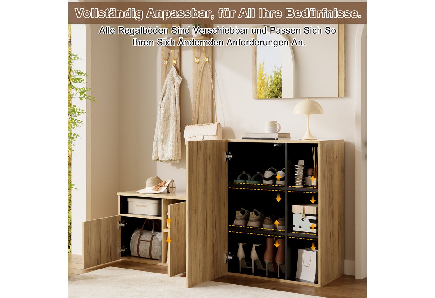 i@home Garderobenschrank 4-in-1 Garderoben-Set mit Spiegel, Schuhschrank, Haken und Schuhbank (4-St) Flurmöbel-Set für Diele & Eingangsbereich Holzoptik, 120x35x123 cm Bild 2