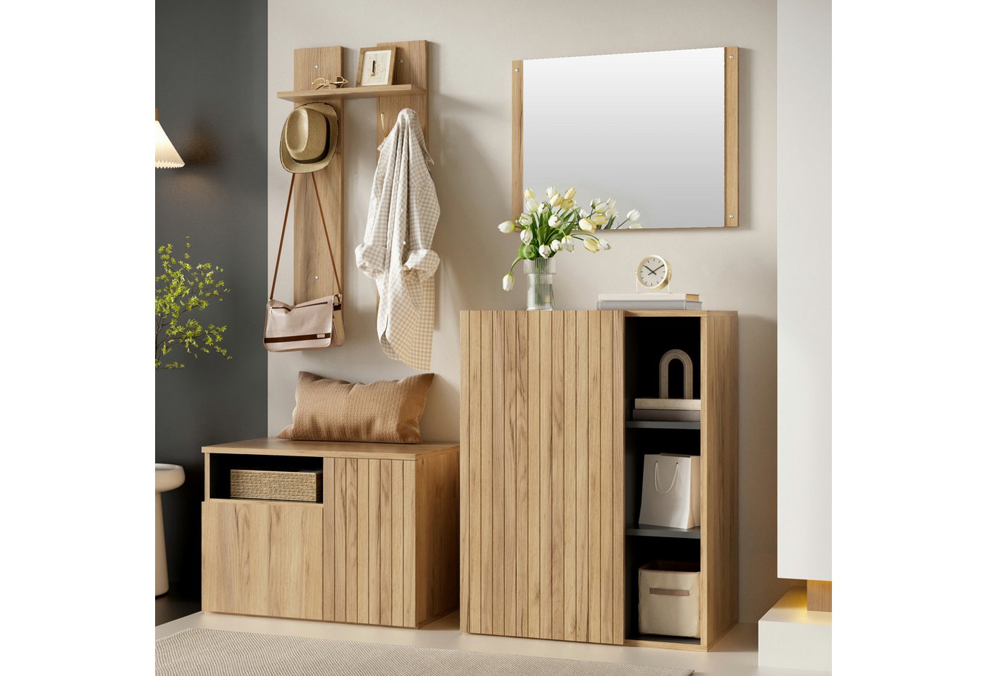 i@home Garderobenschrank 4-in-1 Garderoben-Set mit Spiegel, Schuhschrank, Haken und Schuhbank (4-St) Flurmöbel-Set für Diele & Eingangsbereich Holzoptik, 120x35x123 cm Bild 3