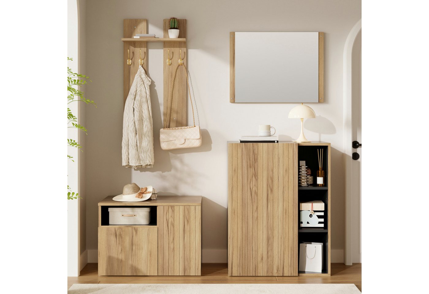 i@home Garderobenschrank 4-in-1 Garderoben-Set mit Spiegel, Schuhschrank, Haken und Schuhbank (4-St) Flurmöbel-Set für Diele & Eingangsbereich Holzoptik, 120x35x123 cm Bild 5