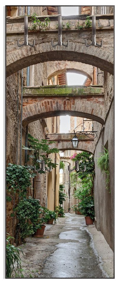 Wallario Garderobenpaneel Grüne italienische Gasse - mit alten Bögen (1-teilig, inkl. Haken und Befestigung), 50x125cmHolz Bild 2