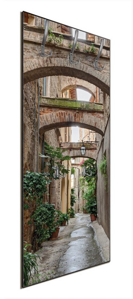 Wallario Garderobenpaneel Grüne italienische Gasse - mit alten Bögen (1-teilig, inkl. Haken und Befestigung), 50x125cmHolz Bild 4