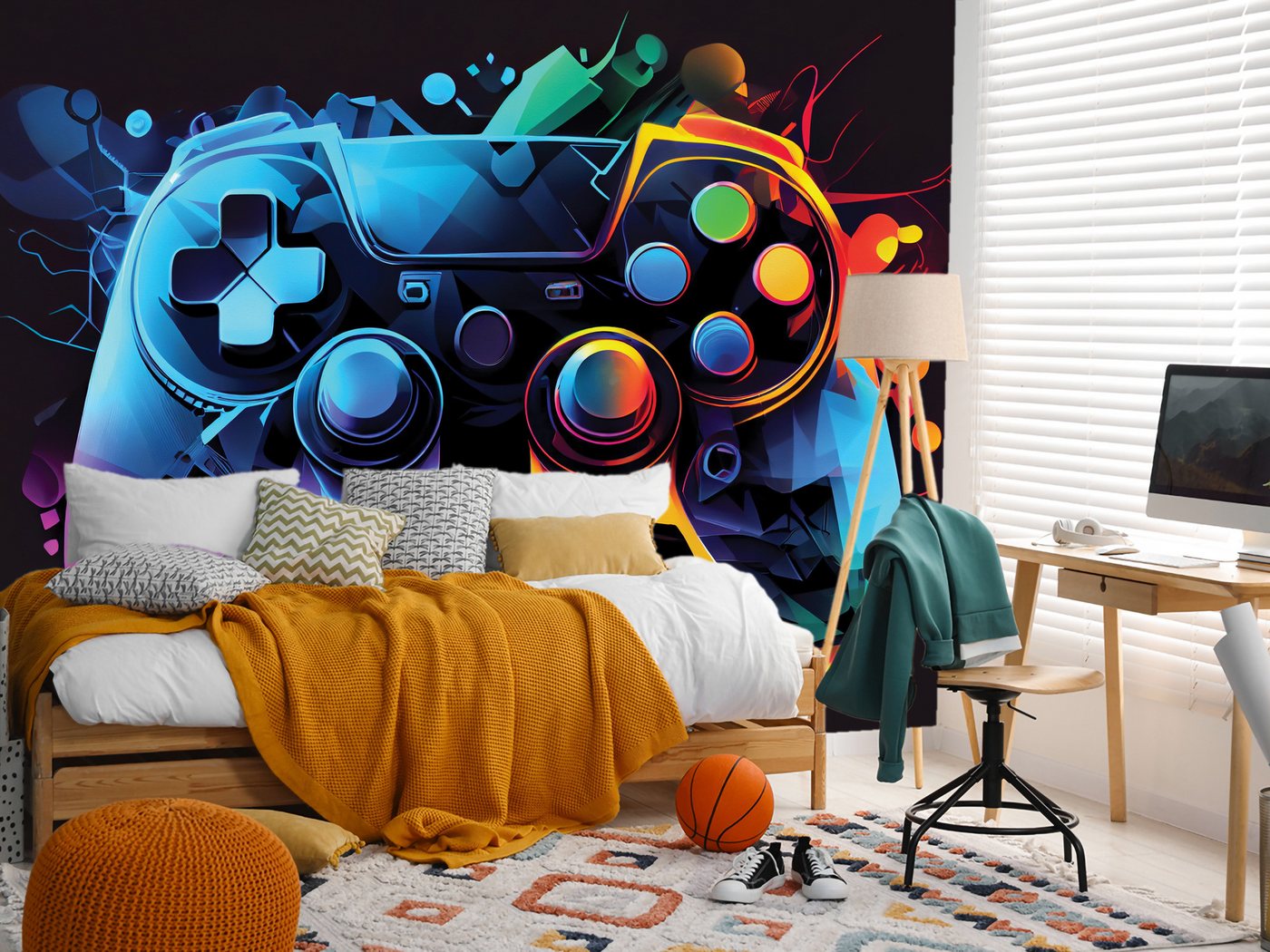 Muralo Fototapete Vliestapete - Gaming-Controller, Gamepad, Konsole, Neonfarben, Glatt, Grafisch, (Packung, 1 St., 100x70 cm), Kleber im Set, 3D-Optik, Ins Schlafzimmer, Wohnzimmer