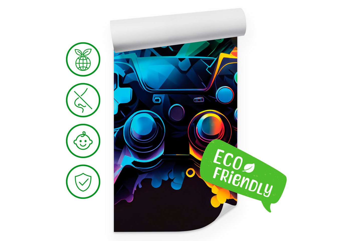 Muralo Fototapete Vliestapete - Gaming-Controller, Gamepad, Konsole, Neonfarben, Glatt, Grafisch, (Packung, 1 St., 100x70 cm), Kleber im Set, 3D-Optik, Ins Schlafzimmer, Wohnzimmer Bild 4