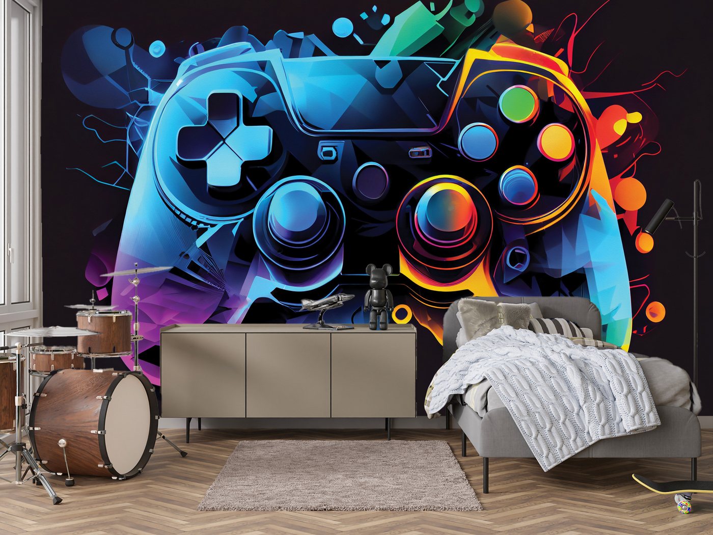 Muralo Fototapete Vliestapete - Gaming-Controller, Gamepad, Konsole, Neonfarben, Glatt, Grafisch, (Packung, 1 St., 100x70 cm), Kleber im Set, 3D-Optik, Ins Schlafzimmer, Wohnzimmer Bild 5