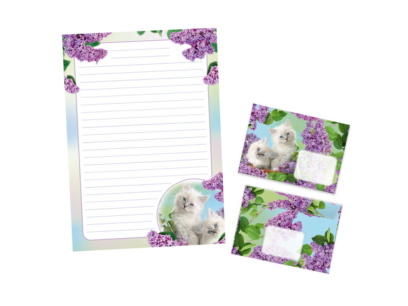 JUNAPACK Briefpapier Set Kinder Briefblock A4 mit Umschlägen Notizblock Papier Katzen lila, Kinder-Briefpapier A4 mit 15 Umschlägen, liniert & leicht beschreibbar