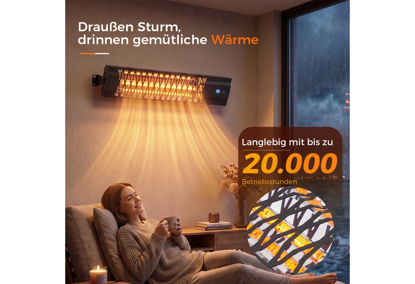 Nettlife Heizstrahler Beleuchtung Infrarot Innen outdoor Infrarotstrahler Fernbedienung, 2000 W, 65*13.1*6cm für Terrasse Balkon Garten Wohnzimmer Touch-Steuerung