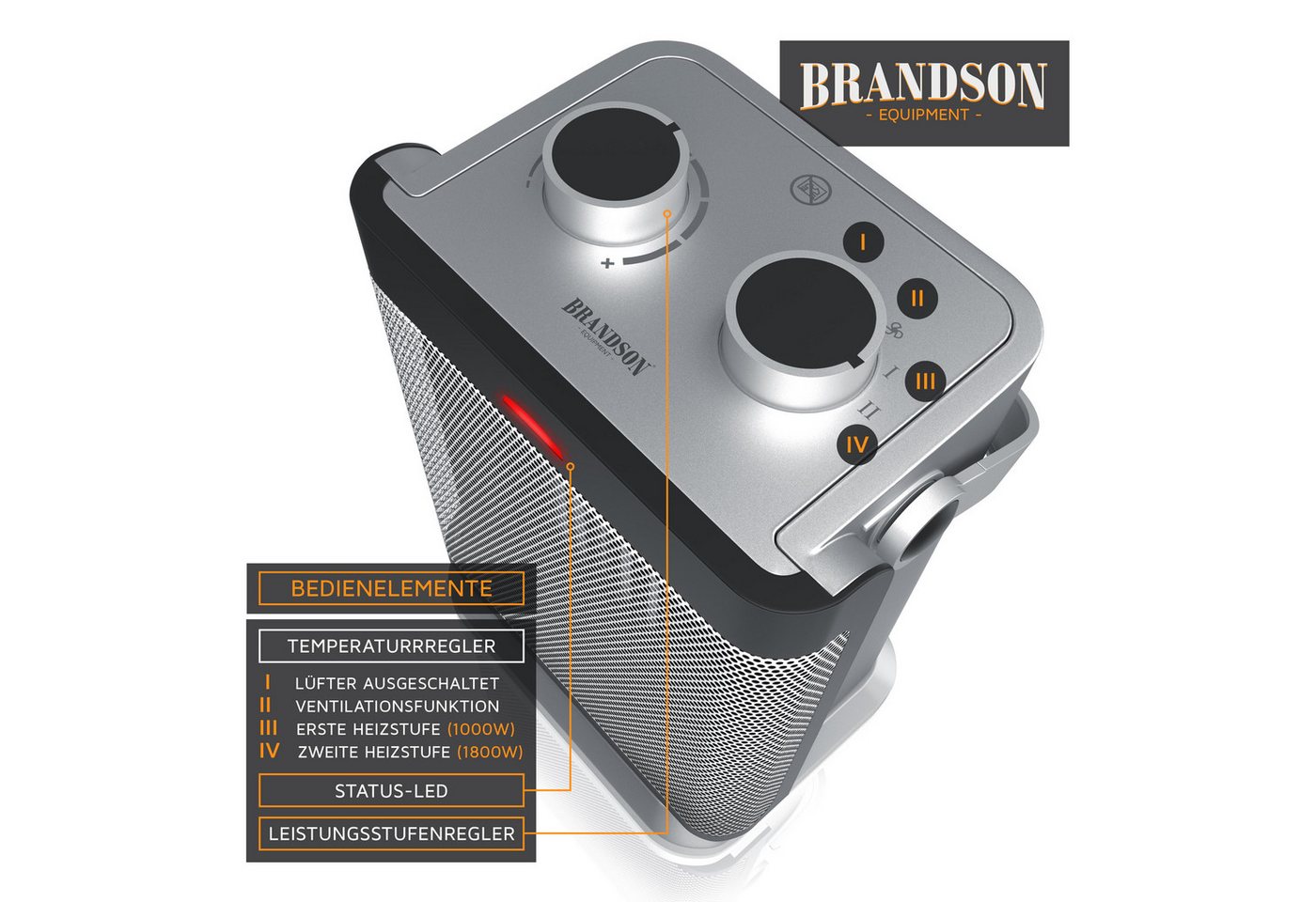 Brandson Keramikheizlüfter Keramikheizgerät 1800 W mit Thermostat und Lüfterfunktion, Badezimmer, 1800 W, Elektroheizung mit 2 Heizstufen, Überhitzungsschutz Oszillation, leise Bild 2