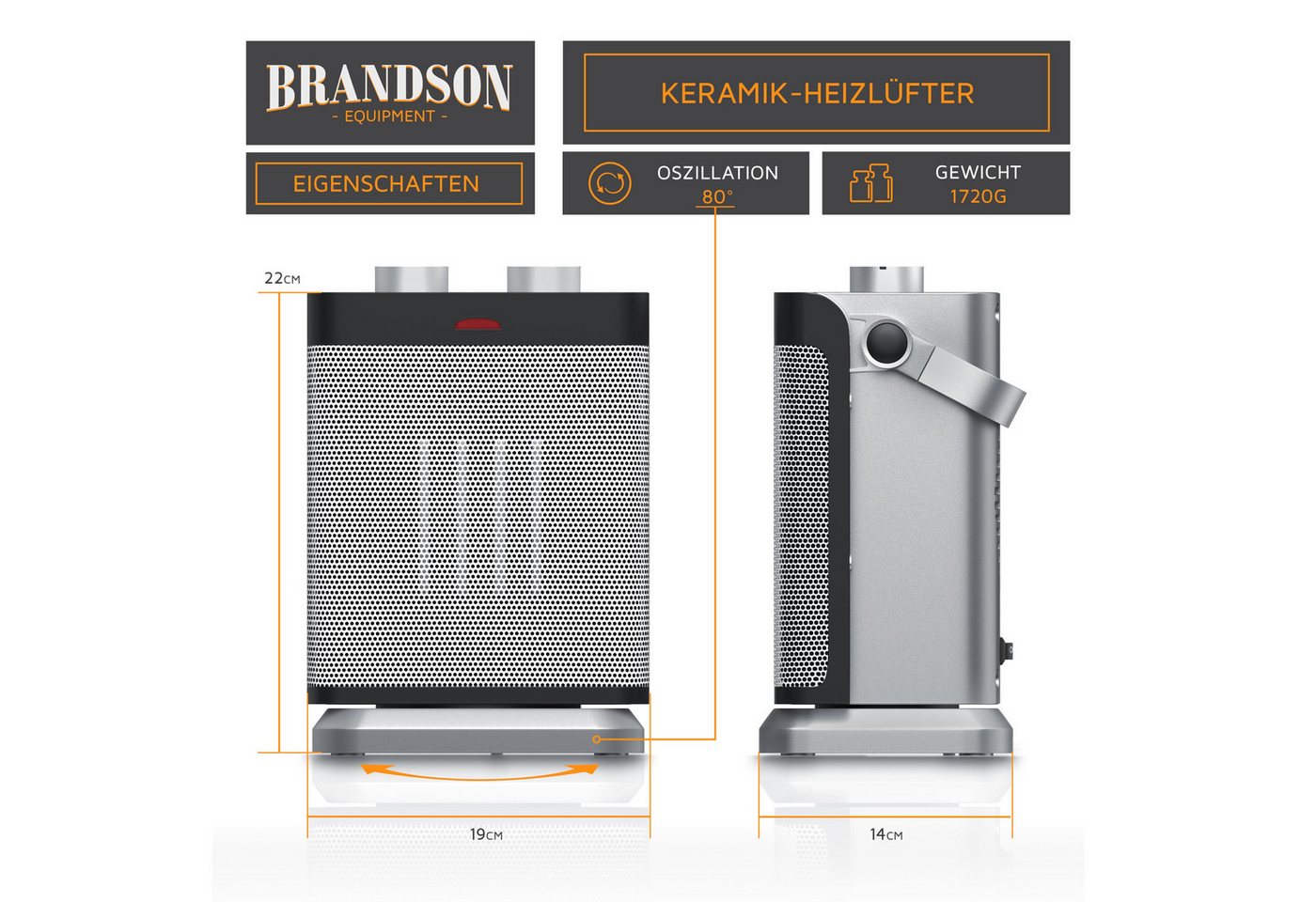 Brandson Keramikheizlüfter Keramikheizgerät 1800 W mit Thermostat und Lüfterfunktion, Badezimmer, 1800 W, Elektroheizung mit 2 Heizstufen, Überhitzungsschutz Oszillation, leise Bild 4