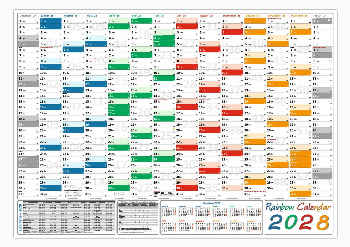 LYSCO Wandkalender Rainbow Wandplaner 2028 (gerollt) DIN A0 / A1 / A2, verfügbar in den Formaten DIN A0, DIN A1 und DIN A2, 14 Monate, (gerollt) Bild 4
