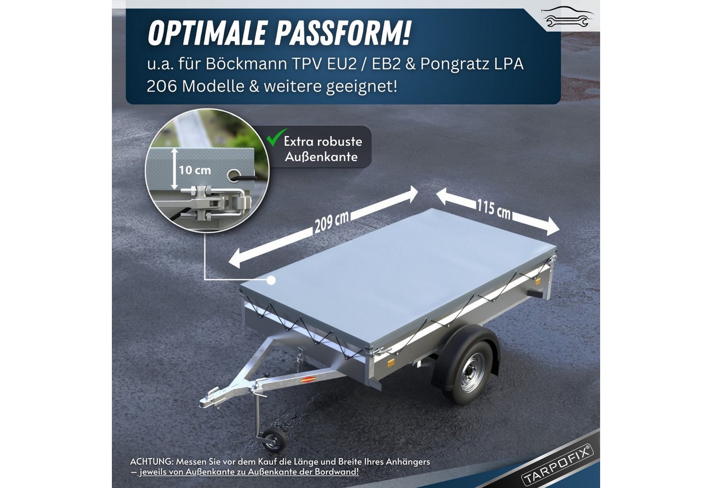 Tarpofix® Schutzplane Tarpofix Anhängerplane 209x115 cm & 209x134 cm PVC Abdeckplane, Flachplane 209x115 cm + 2 Planenbügel, Grau Bild 2