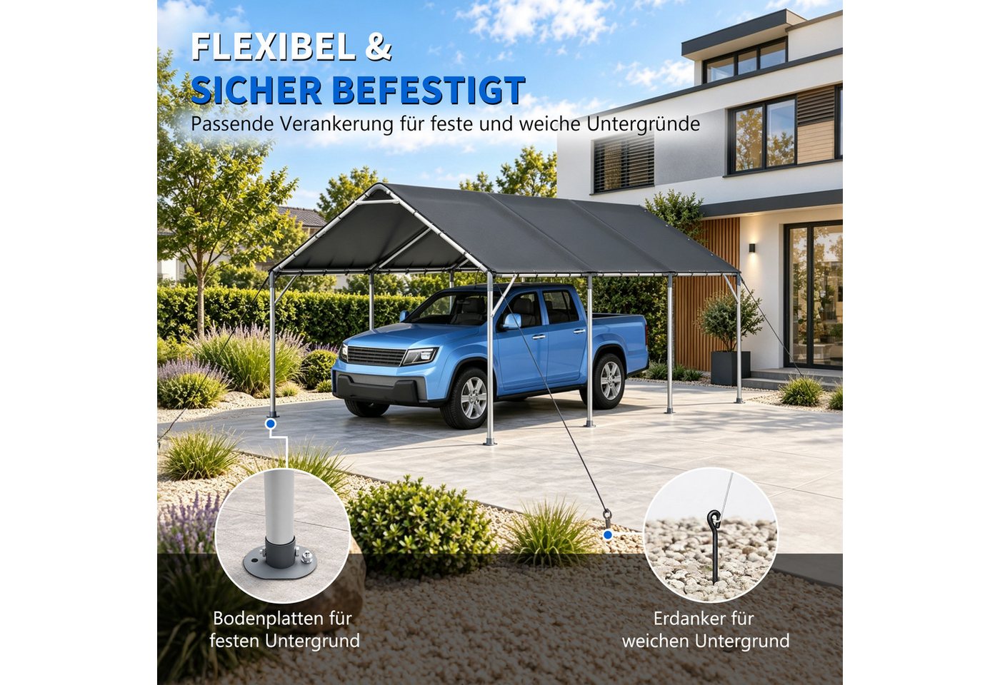 BlingBin Einzelcarport Carport Outdoor 610 x 396 x 308 cm, wasserdichtes Garagenzelt, BxT: 610x396 cm, 196 cm Einfahrtshöhe, (1er Set, 2 St., 610 x 396 x 308 cm), Autozelt und Unterstand für Auto, SUV, Boot und Garten Bild 5