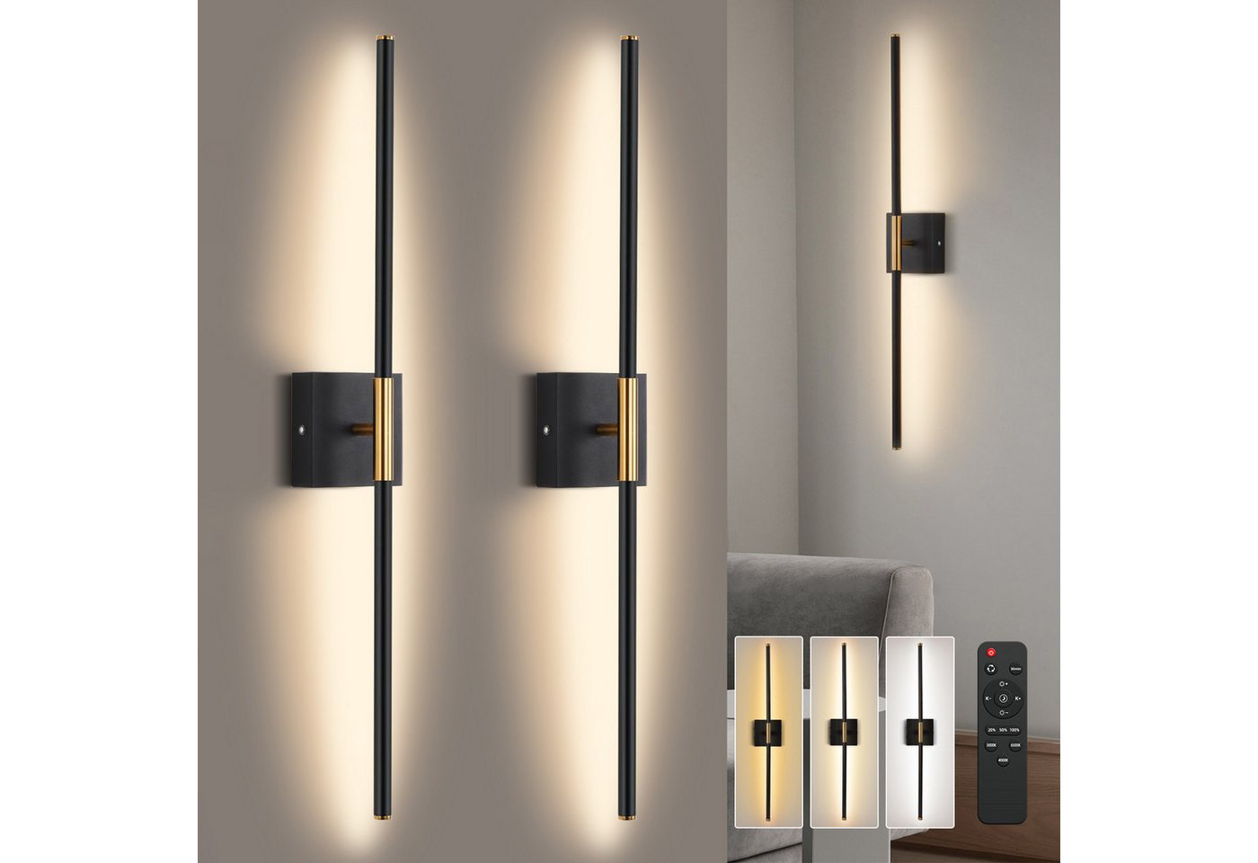 LMaxhome LED Wandleuchte Akku Wandlampe mit Fernbedienung Innen 10000mAh 72CM Kabellose Dimmbar, 2 Stück, LED fest integriert, 3000 K/4000 K/6000 K, 360° Drehbare Wiederaufladbar, 8W, Timing-Funktionen, Treppenhauslampe Bild 4