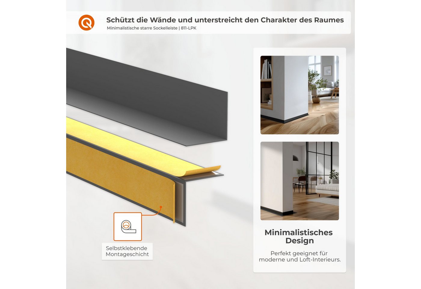 Quest Sockelleiste Selbstklebend Hart-PVC, L: 200,00 cm, H: 1,50 cm, Packung, 1-St., 15x15 mm, wasserfest, UV-beständig