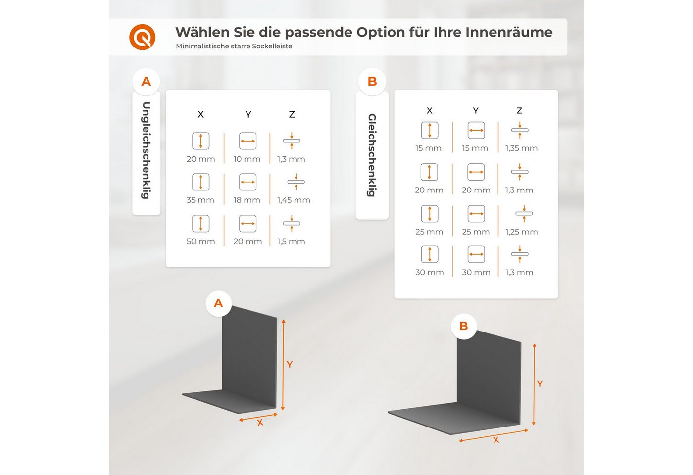 Quest Sockelleiste Selbstklebend Hart-PVC, L: 200,00 cm, H: 1,50 cm, Packung, 1-St., 15x15 mm, wasserfest, UV-beständig Bild 2