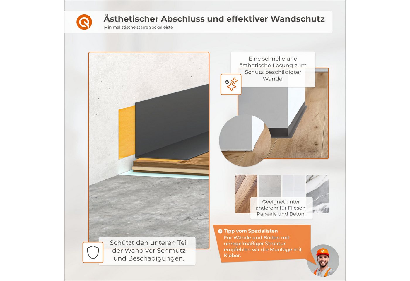 Quest Sockelleiste Selbstklebend Hart-PVC, L: 200,00 cm, H: 1,50 cm, Packung, 1-St., 15x15 mm, wasserfest, UV-beständig Bild 4