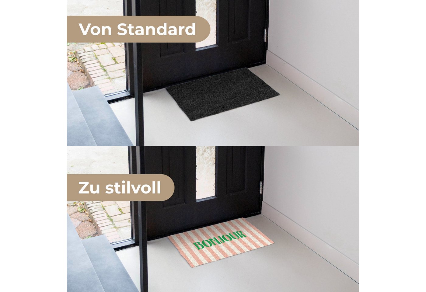 MuchoWow Fußmatte Zartrosa – Grün – Streifen – Bonjour, Rechteckig, innen Schmutzfangmatte, Tür, Schmutzfänger Flur, Teppich 60x40 cm