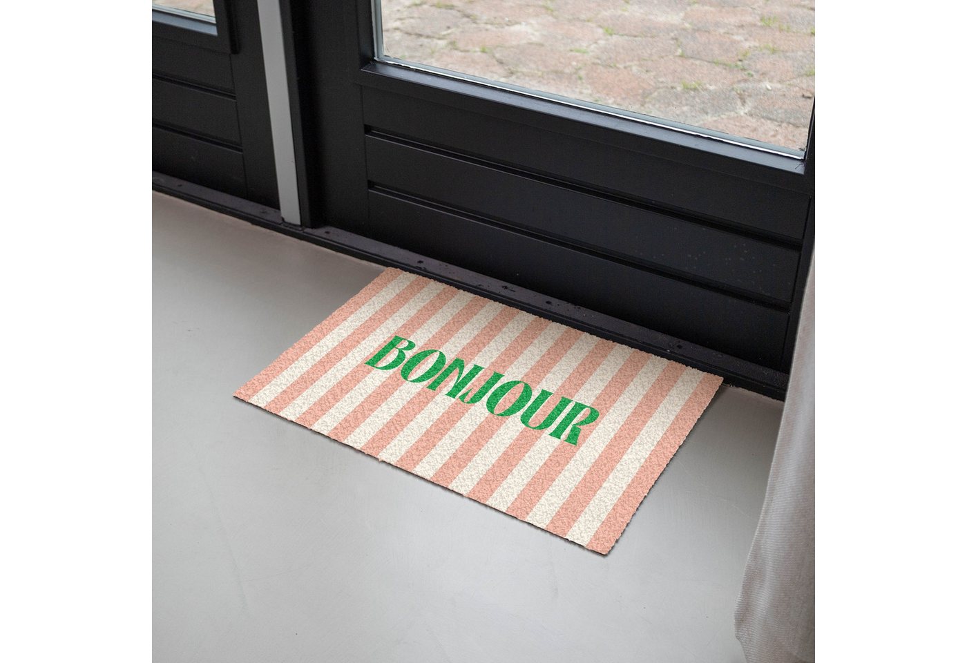 MuchoWow Fußmatte Zartrosa – Grün – Streifen – Bonjour, Rechteckig, innen Schmutzfangmatte, Tür, Schmutzfänger Flur, Teppich 60x40 cm Bild 2