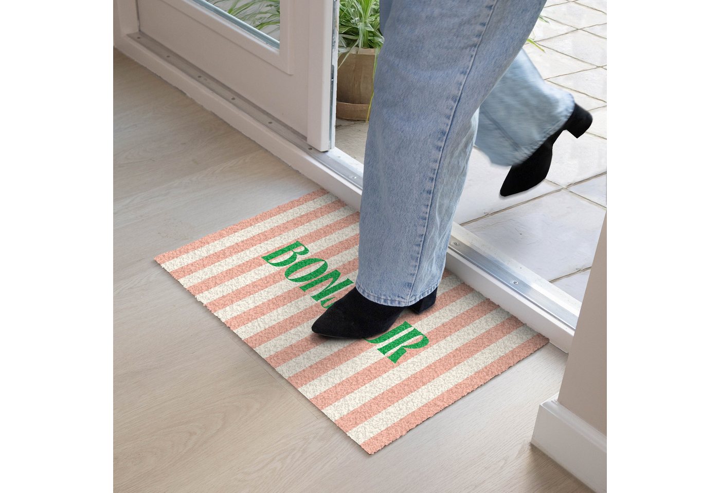 MuchoWow Fußmatte Zartrosa – Grün – Streifen – Bonjour, Rechteckig, innen Schmutzfangmatte, Tür, Schmutzfänger Flur, Teppich 60x40 cm Bild 4