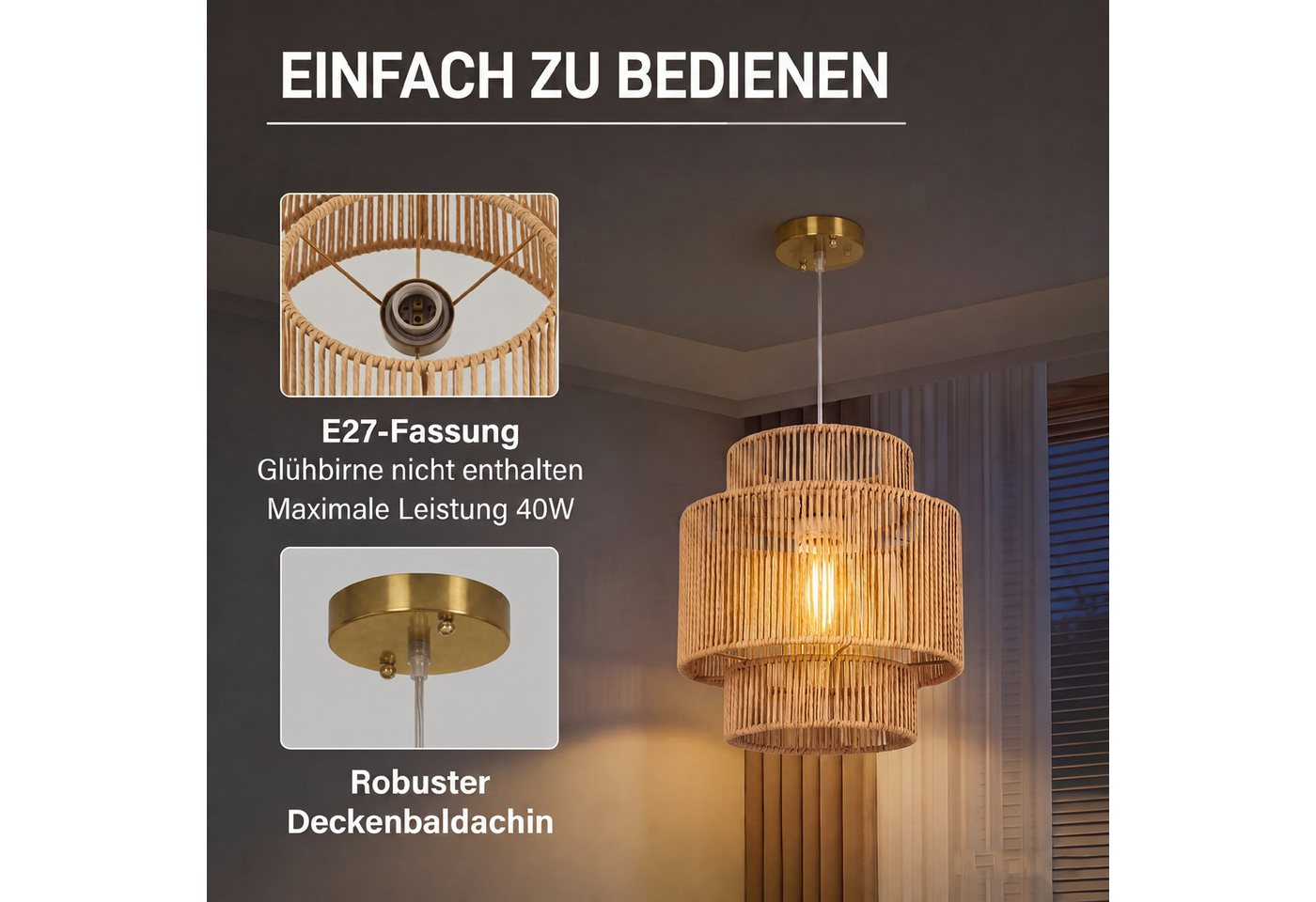 HOMCOM Pendelleuchte Hängelampe mit E27 Fassung, Boho-Stil, Hängeleuchte Deckenlampe, Beleuchtungsfunktionen, Halogenlampe, LED-Lampe usw., für Wohnzimmer, Schlafzimmer, Flur, Braun