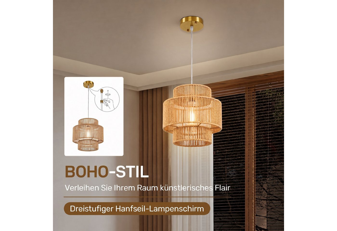 HOMCOM Pendelleuchte Hängelampe mit E27 Fassung, Boho-Stil, Hängeleuchte Deckenlampe, Beleuchtungsfunktionen, Halogenlampe, LED-Lampe usw., für Wohnzimmer, Schlafzimmer, Flur, Braun Bild 3