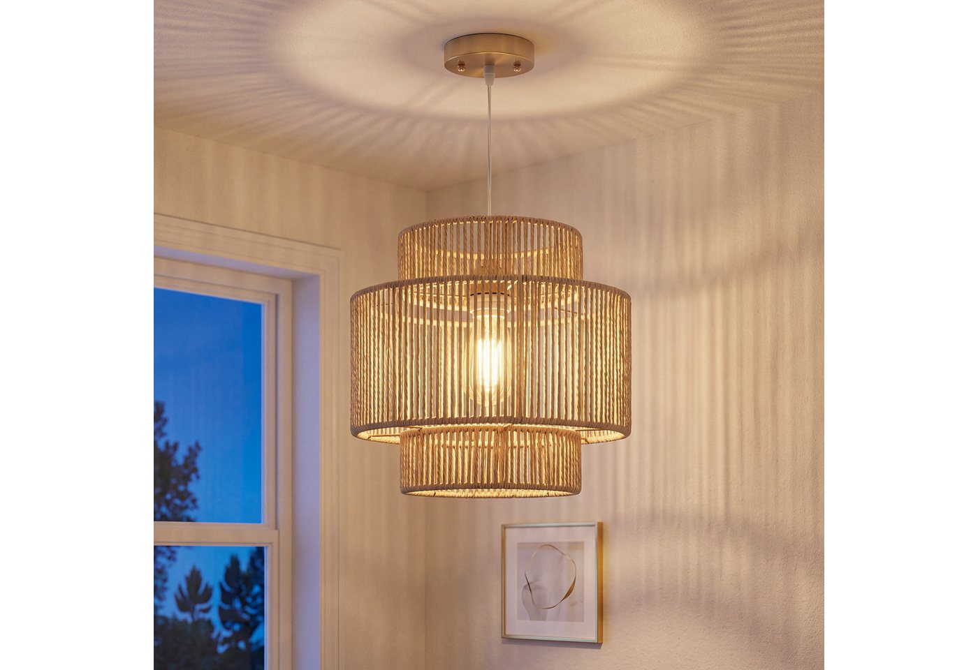HOMCOM Pendelleuchte Hängelampe mit E27 Fassung, Boho-Stil, Hängeleuchte Deckenlampe, Beleuchtungsfunktionen, Halogenlampe, LED-Lampe usw., für Wohnzimmer, Schlafzimmer, Flur, Braun Bild 5