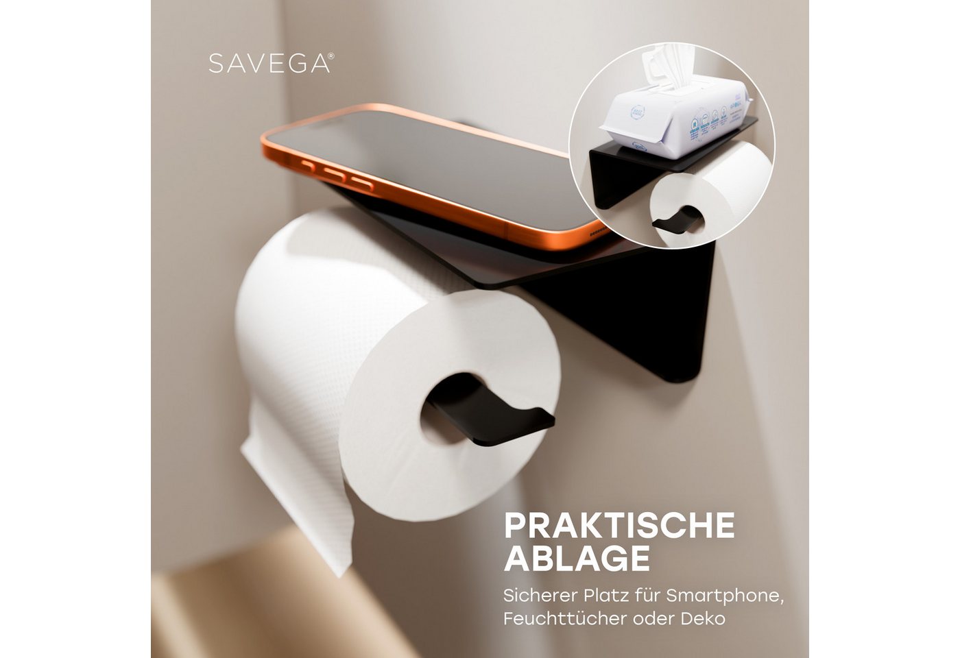 SAVEGA Toilettenpapierhalter SAVEGA-Design Toilettenpapierhalter mit Ablage (Packung, 1-tlg), pulverbeschichteter Stahl, mit Ablage, flexible Installation, Rostfrei Bild 3