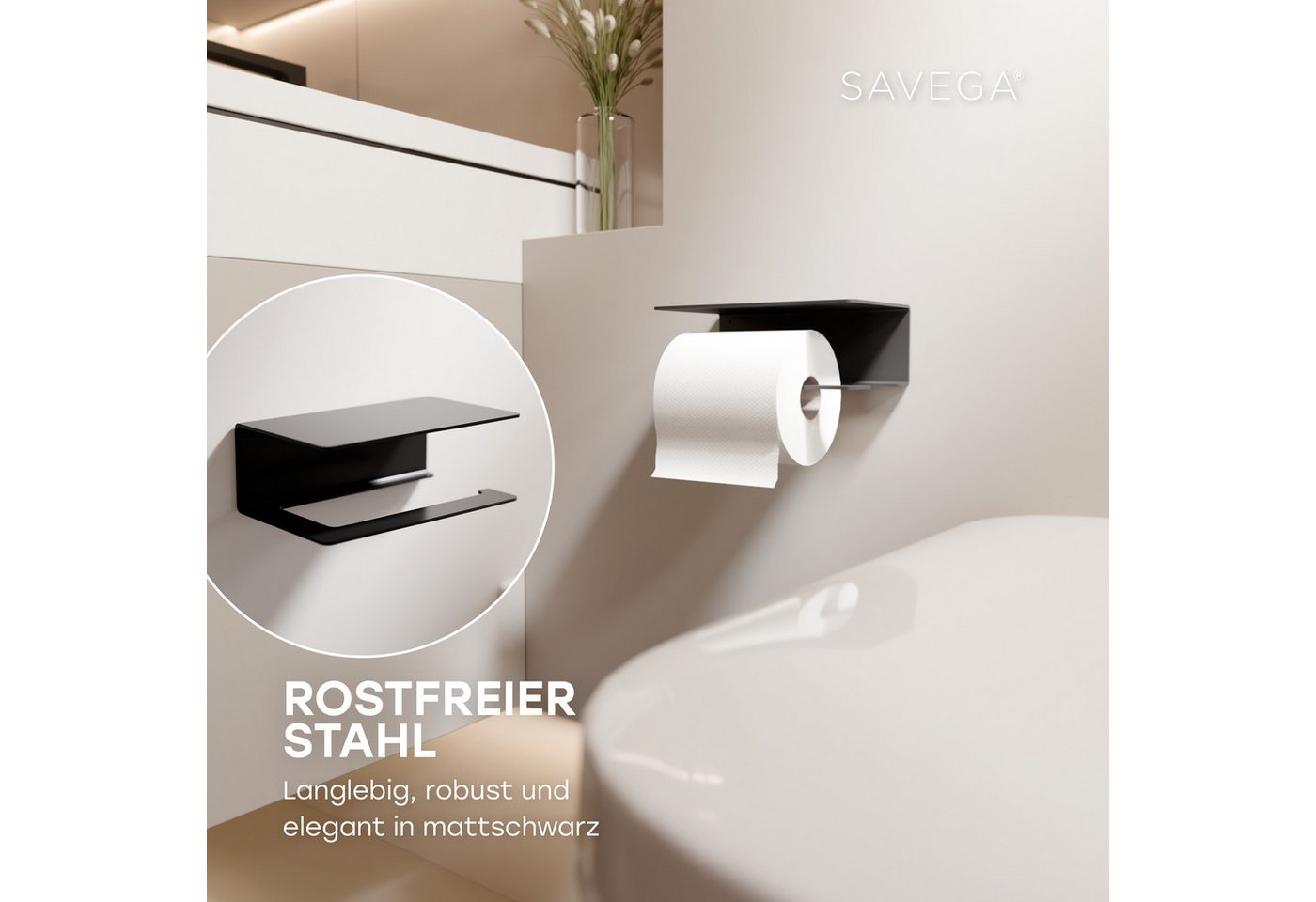 SAVEGA Toilettenpapierhalter SAVEGA-Design Toilettenpapierhalter mit Ablage (Packung, 1-tlg), pulverbeschichteter Stahl, mit Ablage, flexible Installation, Rostfrei Bild 5
