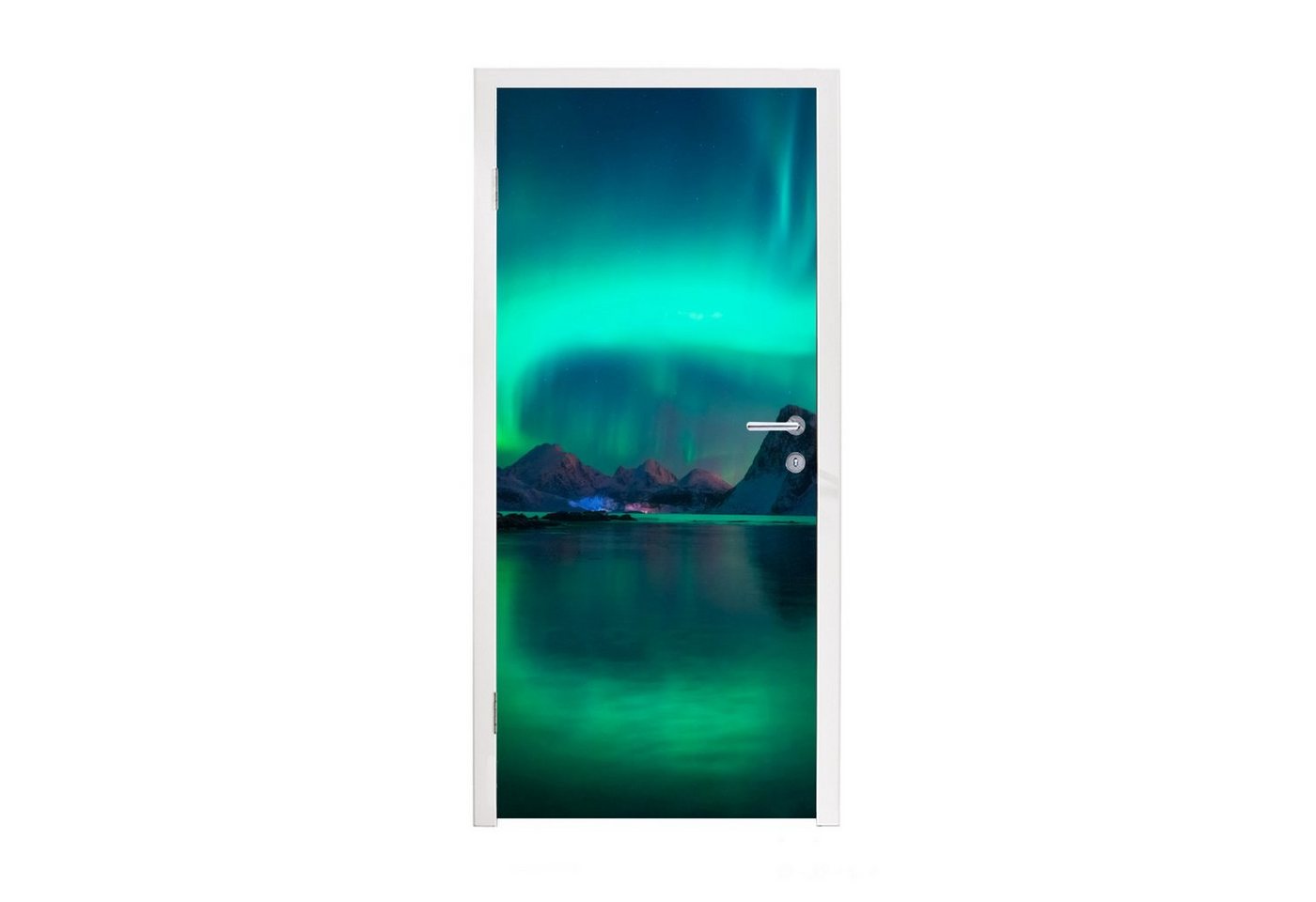 MuchoWow Türtapete Nordlichter - Berge - Norwegen, Matt, bedruckt, (1 St), Selbstklebende Tapete, Folie für Möbel, 75x205 cm