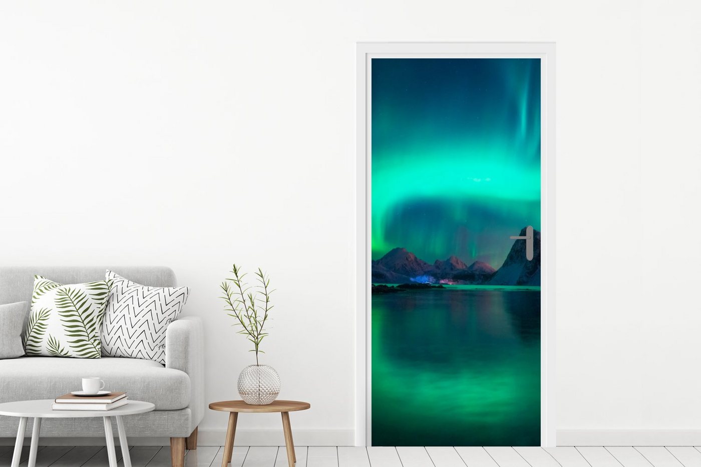 MuchoWow Türtapete Nordlichter - Berge - Norwegen, Matt, bedruckt, (1 St), Selbstklebende Tapete, Folie für Möbel, 75x205 cm Bild 3
