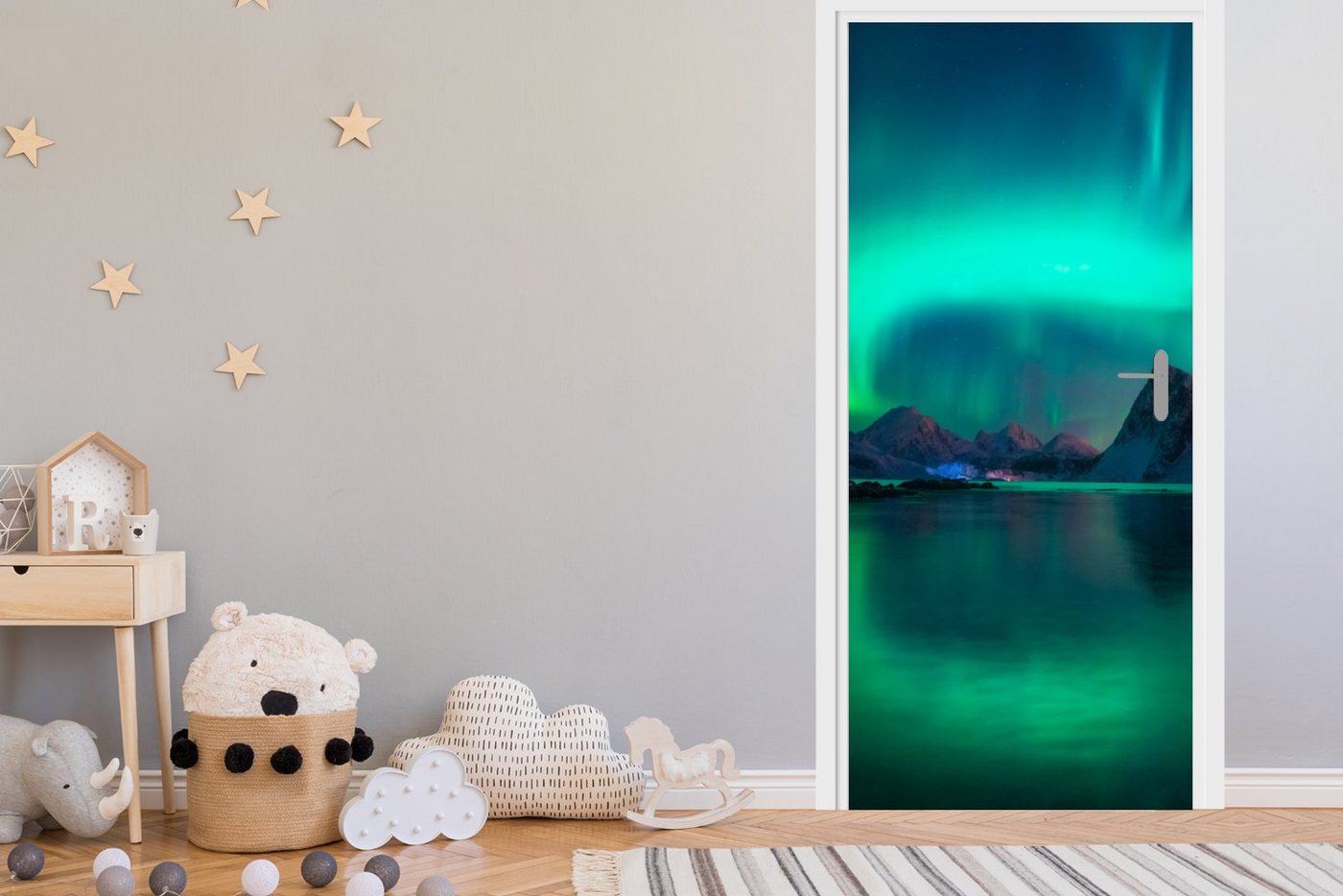 MuchoWow Türtapete Nordlichter - Berge - Norwegen, Matt, bedruckt, (1 St), Selbstklebende Tapete, Folie für Möbel, 75x205 cm Bild 4