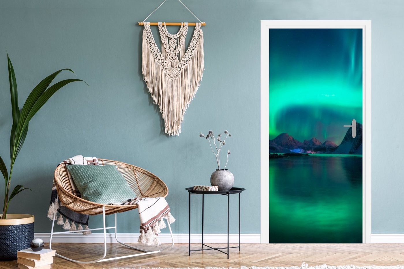 MuchoWow Türtapete Nordlichter - Berge - Norwegen, Matt, bedruckt, (1 St), Selbstklebende Tapete, Folie für Möbel, 75x205 cm Bild 5