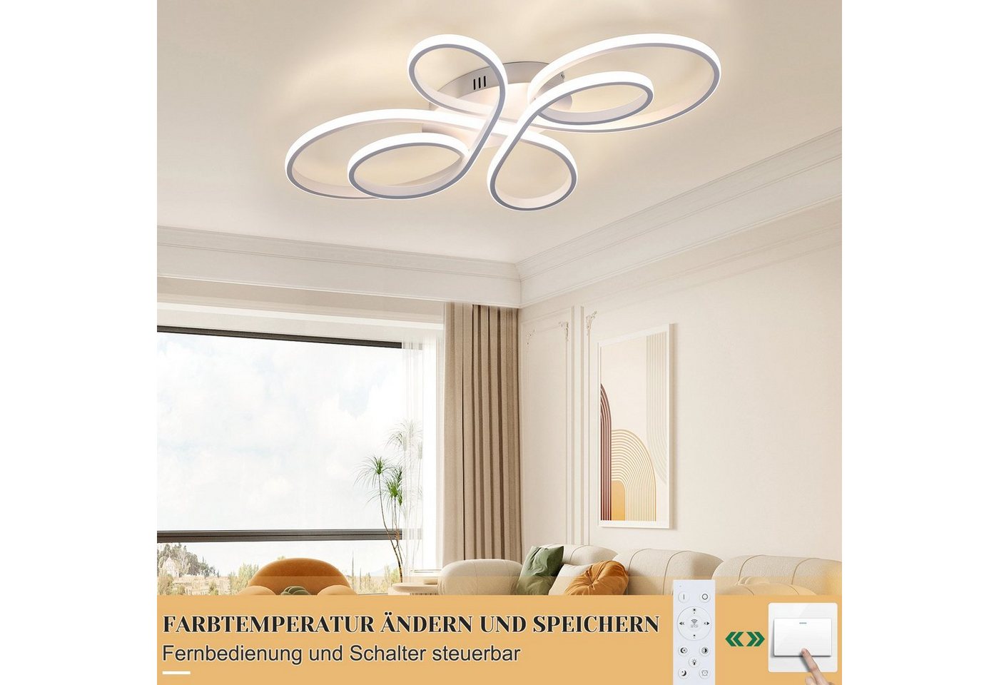 Nettlife LED Deckenleuchte Wohnzimmer Modern Schwarz Fernbedienung Dimmbar 40/66/80/100CM, 3000K-6500K/Dimmbar mit Fernbedienung, LED fest integriert, Kaltweiß, Warmweiß, Neutralweiß, Schlafzimmer, Wohnzimmer, Büro, Arbeitszimmer, Küche