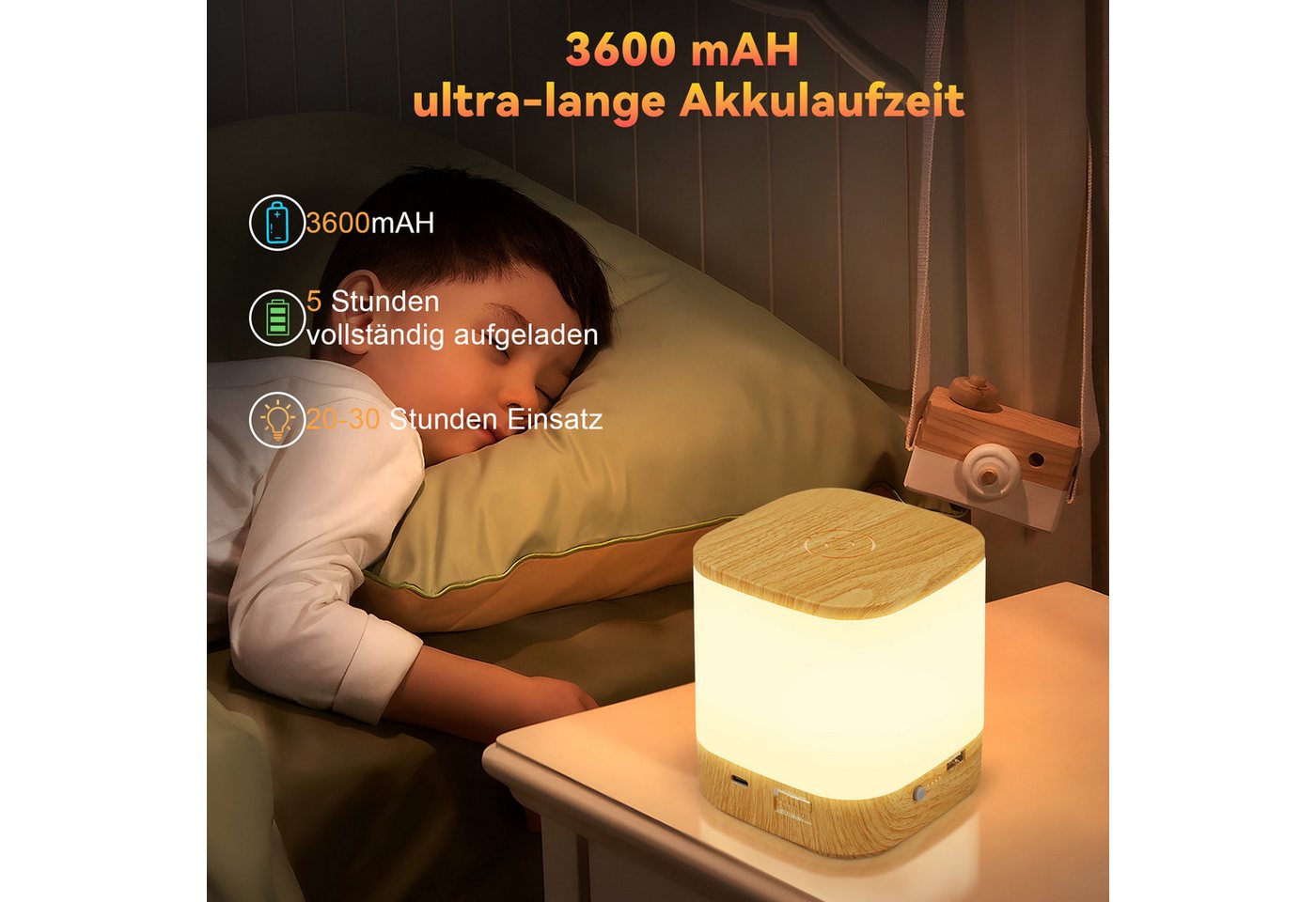 Nettlife LED Nachttischlampe 2ER Touch Dimmbar Akku 3600mAH USB Aufladbar Kabellos, Dimmbar, LED fest integriert, mit 3 Farbtemperaturen&Timing Funktion Nachtlicht Bild 2