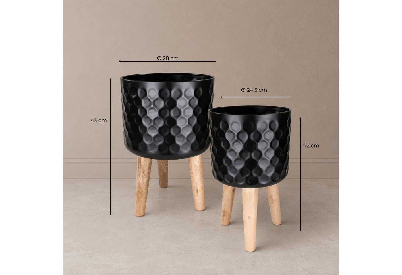 matches21 HOME & HOBBY Blumentopf Blumentöpfe 2er Set Schwarz Ø 24,5 x 42 & 28 x 43 cm mit Füßen (2 St), Übertöpfe aus Metall mit Holz Beinen