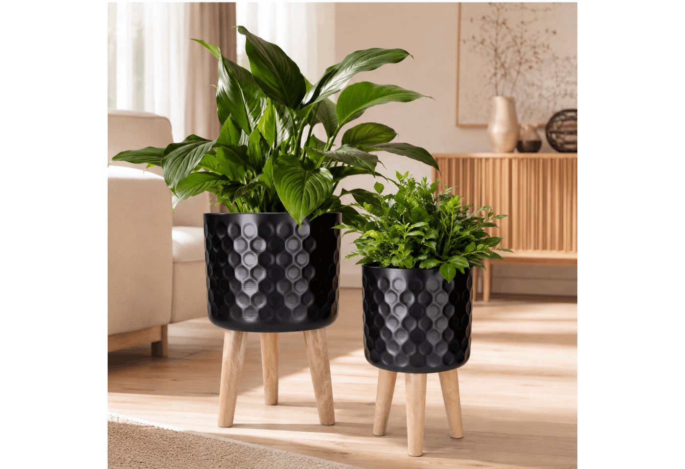 matches21 HOME & HOBBY Blumentopf Blumentöpfe 2er Set Schwarz Ø 24,5 x 42 & 28 x 43 cm mit Füßen (2 St), Übertöpfe aus Metall mit Holz Beinen Bild 4