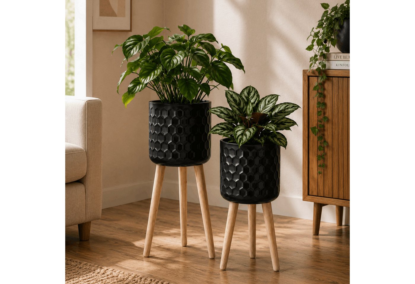 matches21 HOME & HOBBY Blumentopf Blumentöpfe 2er Set Schwarz Ø 24,5 x 42 & 28 x 43 cm mit Füßen (2 St), Übertöpfe aus Metall mit Holz Beinen Bild 5