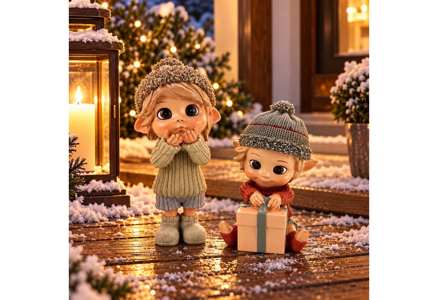 Online-Fuchs Gartenfigur für außen - 2 süße Elfenjungen mit Geschenk - Weihnachtsdeko outdoor, (für den Innen- und Außenbereich, wetterfest), mit großen, glänzenden Glubschaugen und süßen Gesichtsausdruck Bild 4