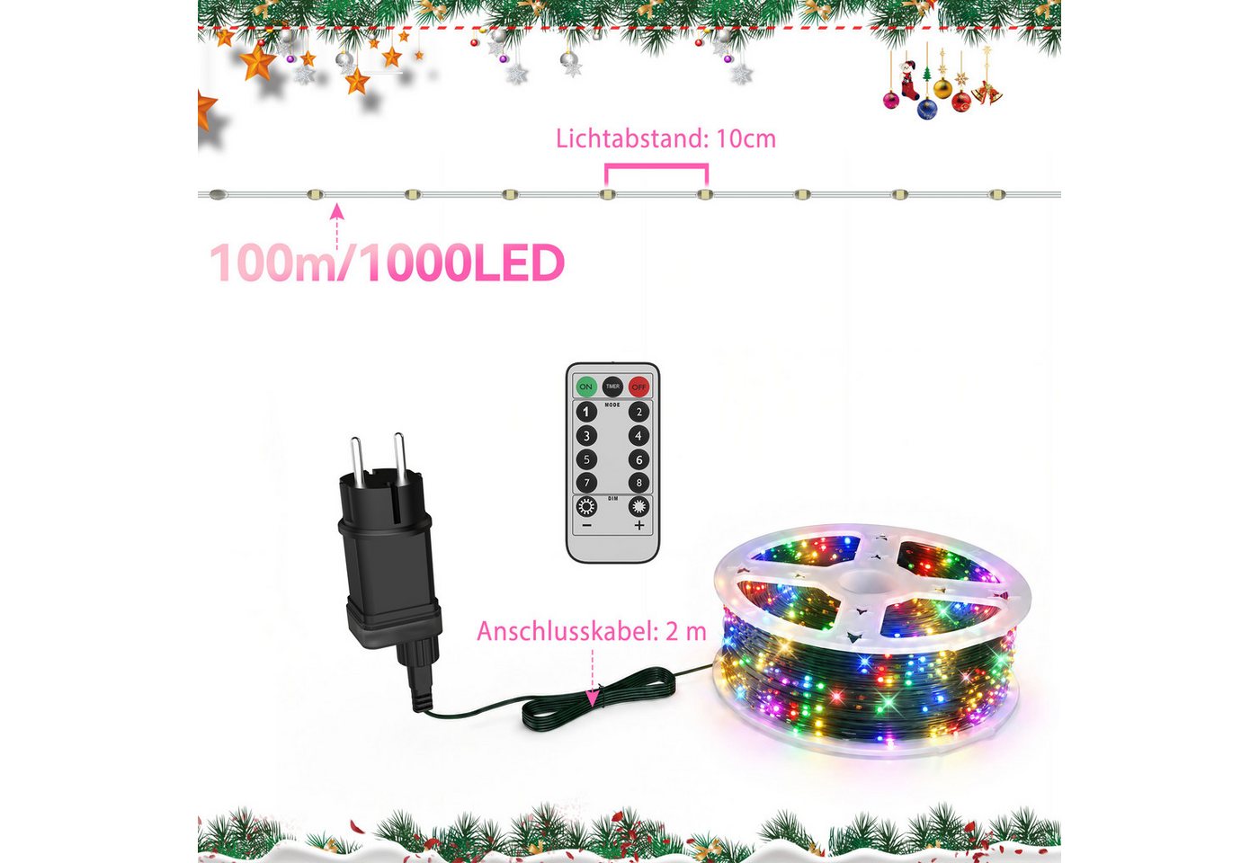 FIVMEN LED-Lichterkette LED-Lichterkette aus Kupferdraht 8 Modi mit Fernbedienung, Timer, dimmbar, Wasserdicht für Weihnachtsdeko, Innen, Außen, Deko DIY
