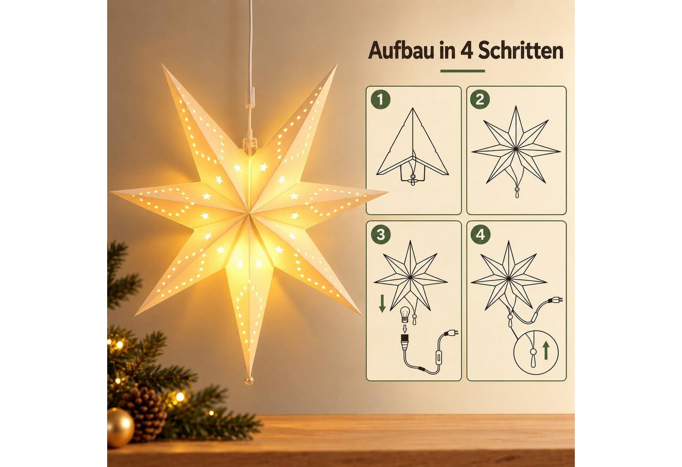 Salcar LED Stern LED Dekolicht Weihnachtsstern Papierstern-Lichterkette Beleuchtete, 55cm Hängender-LED-Stern, Dekoration Sterne Warmweiß 55cm