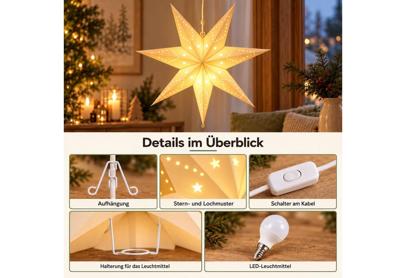 Salcar LED Stern LED Dekolicht Weihnachtsstern Papierstern-Lichterkette Beleuchtete, 55cm Hängender-LED-Stern, Dekoration Sterne Warmweiß 55cm Bild 3