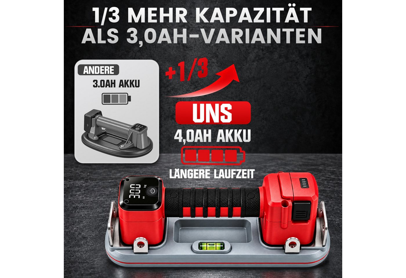 XERSEK Saugheber 2 Stück Akku Saugheber mit 3×4,0Ah Akku, LCD Anzeige, 300KG Tragkraft, 2-tlg.], 26x10 cm Elektrischer Saugnapf Vakuumheber Glassauger, Plattenheber für Glas Fliesen Holz Betonwände Bild 2