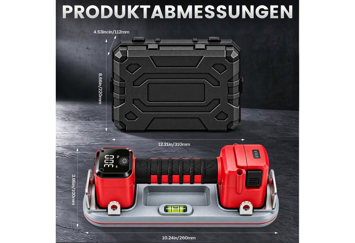 XERSEK Saugheber 2 Stück Akku Saugheber mit 3×4,0Ah Akku, LCD Anzeige, 300KG Tragkraft, 2-tlg.], 26x10 cm Elektrischer Saugnapf Vakuumheber Glassauger, Plattenheber für Glas Fliesen Holz Betonwände Bild 4