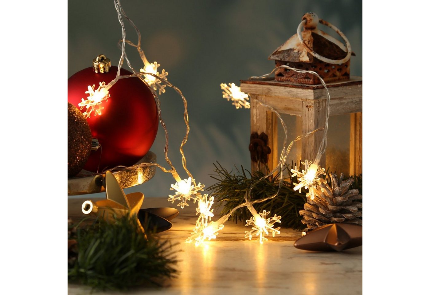 MARELIDA LED-Lichterkette Schneeflocken 2m Deko Winter Weihnachtsbeleuchtung Timer für Innen, 10-flammig