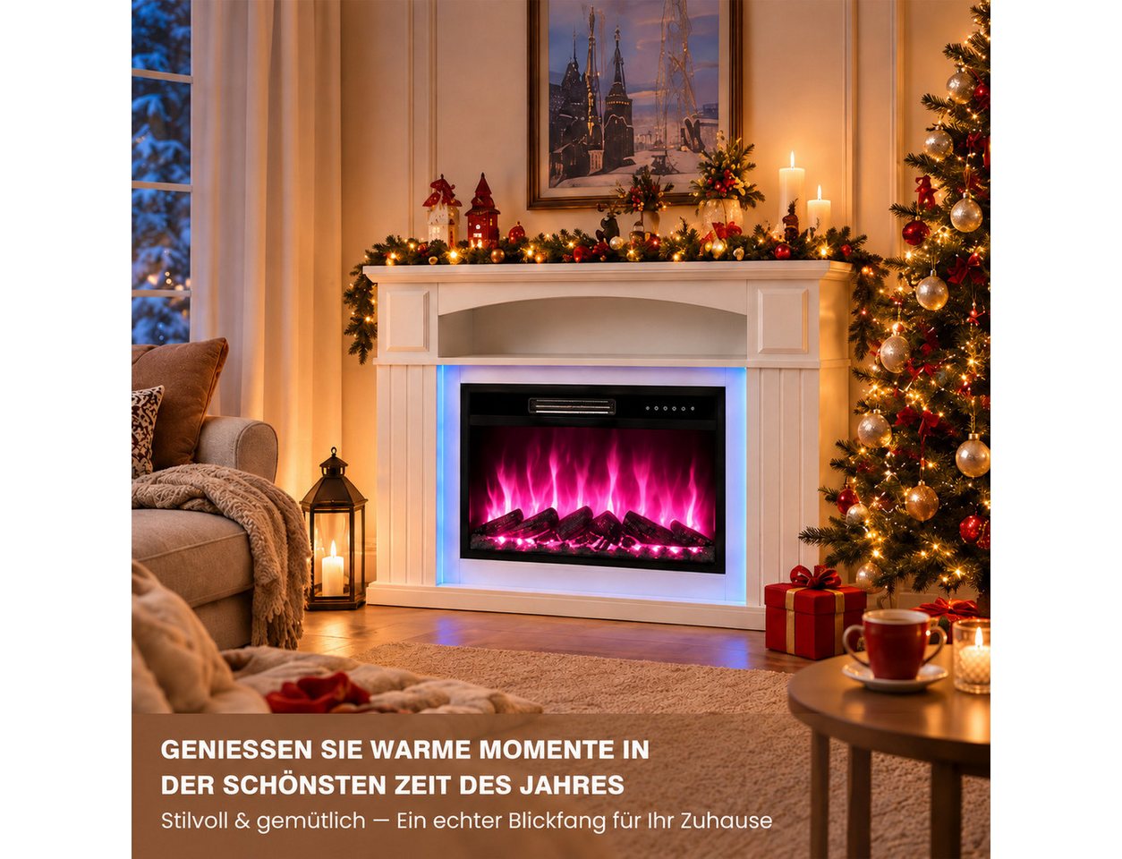 HOMAVO Elektrokamin mit Schrank, 23", 1000/2000W Heizung, 3D-Flammeneffekt, Schrankgröße: 100 × 26 × 87 cm, wahlweise mit Weihnachtsbaum Bild 3