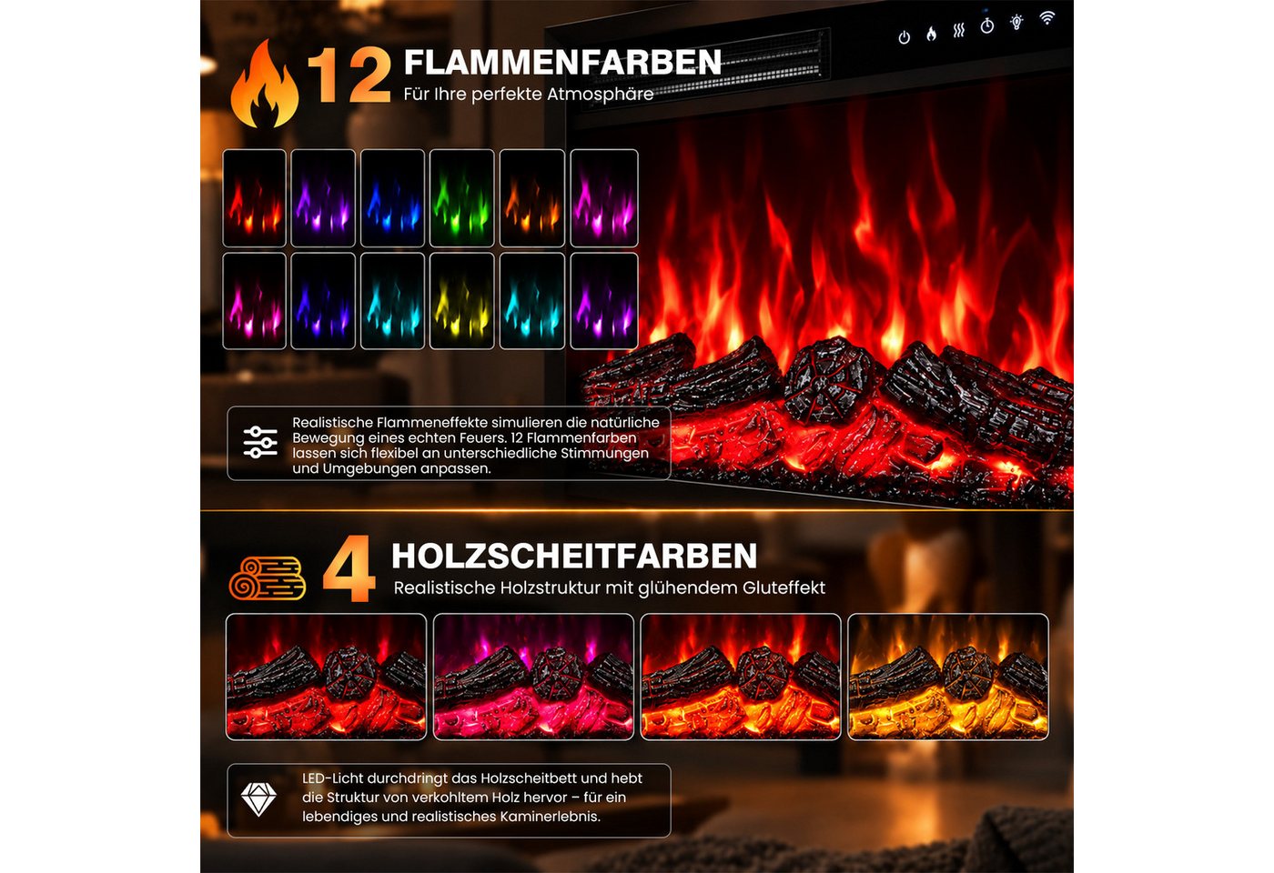 HOMAVO Elektrokamin mit Schrank, 23", 1000/2000W Heizung, 3D-Flammeneffekt, Schrankgröße: 100 × 26 × 87 cm, wahlweise mit Weihnachtsbaum Bild 4